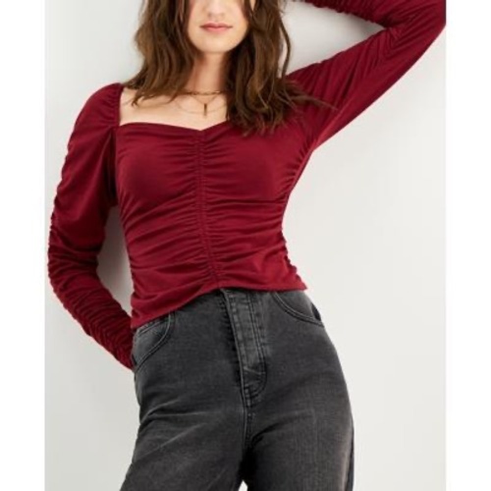 Kingston Grey Juniors' Ruched Sweetheart-Neck Top - Burgundy Size L‎